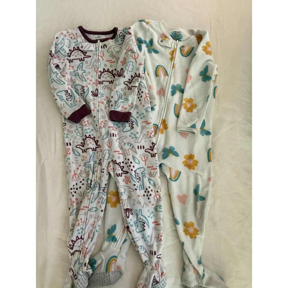 Carter’s Lot Of 2 Pajama PJs Footie Toddler Girls Fleece Full Zip Jammies Sz 3T
